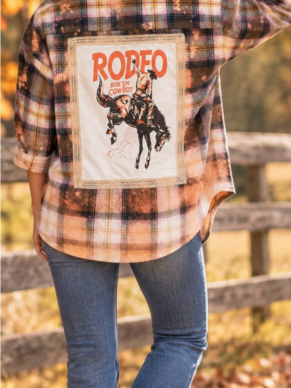 Custom Upcycled Flannel Bleach Ombre-Splatter with Rodeo Graphic